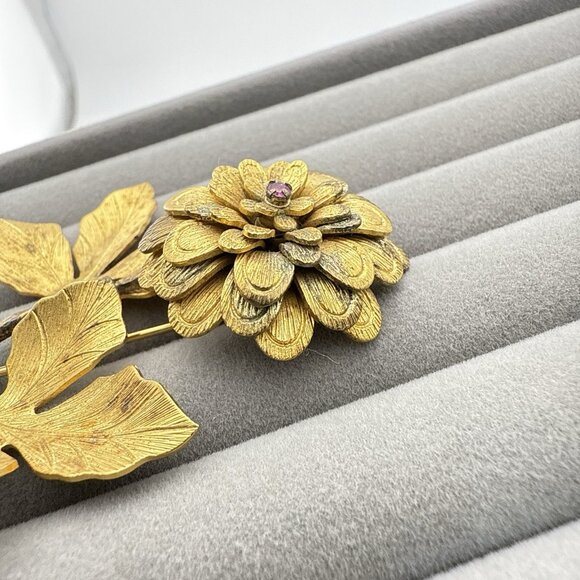 Vendome Brooch Sterling Silver Gold Vermeil Flower Floral Red Signed 3" Pin - Picture 5 of 12